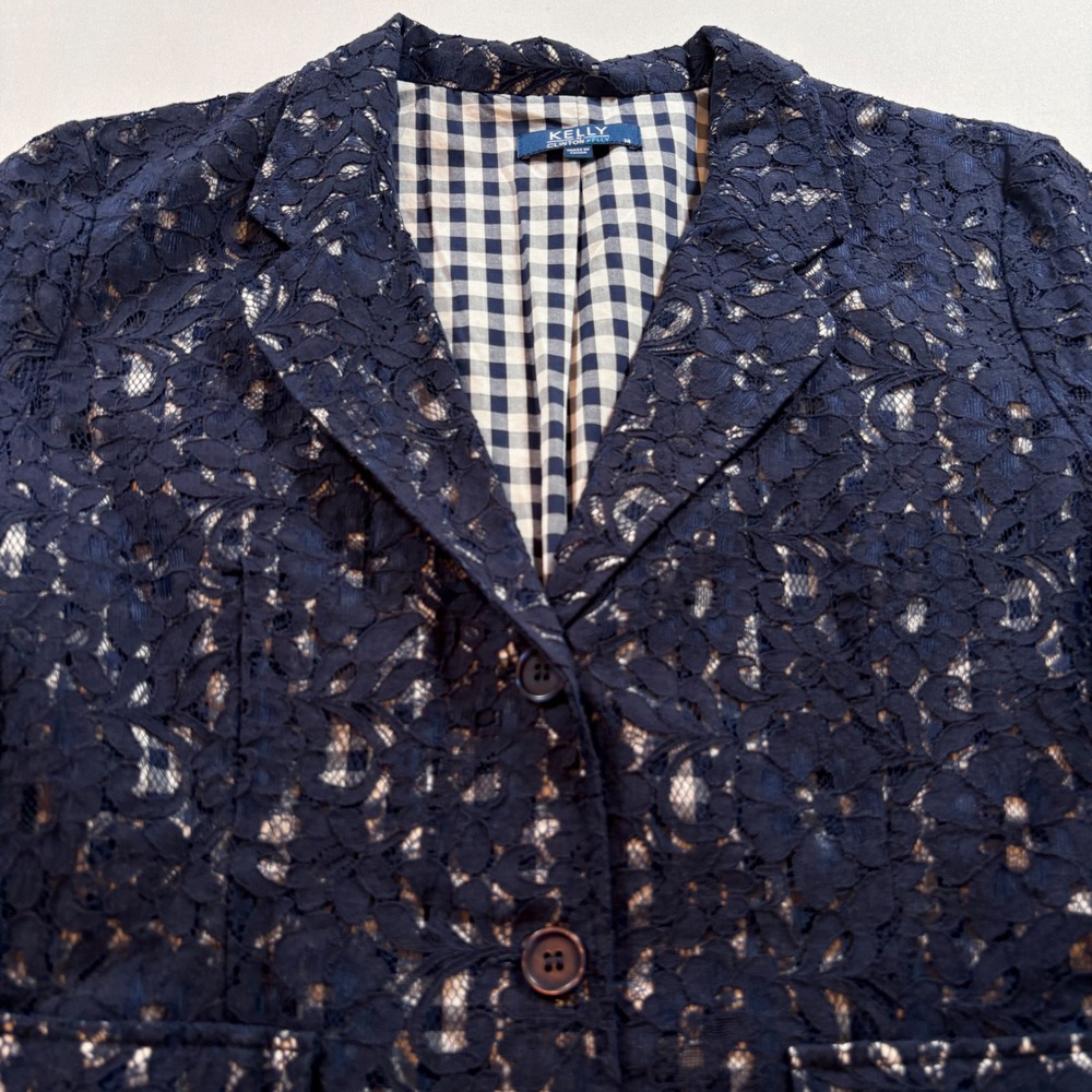 Kelly by Clinton Kelly Lace Blazer Women 14 Navy Blue Gingham Lined Professional